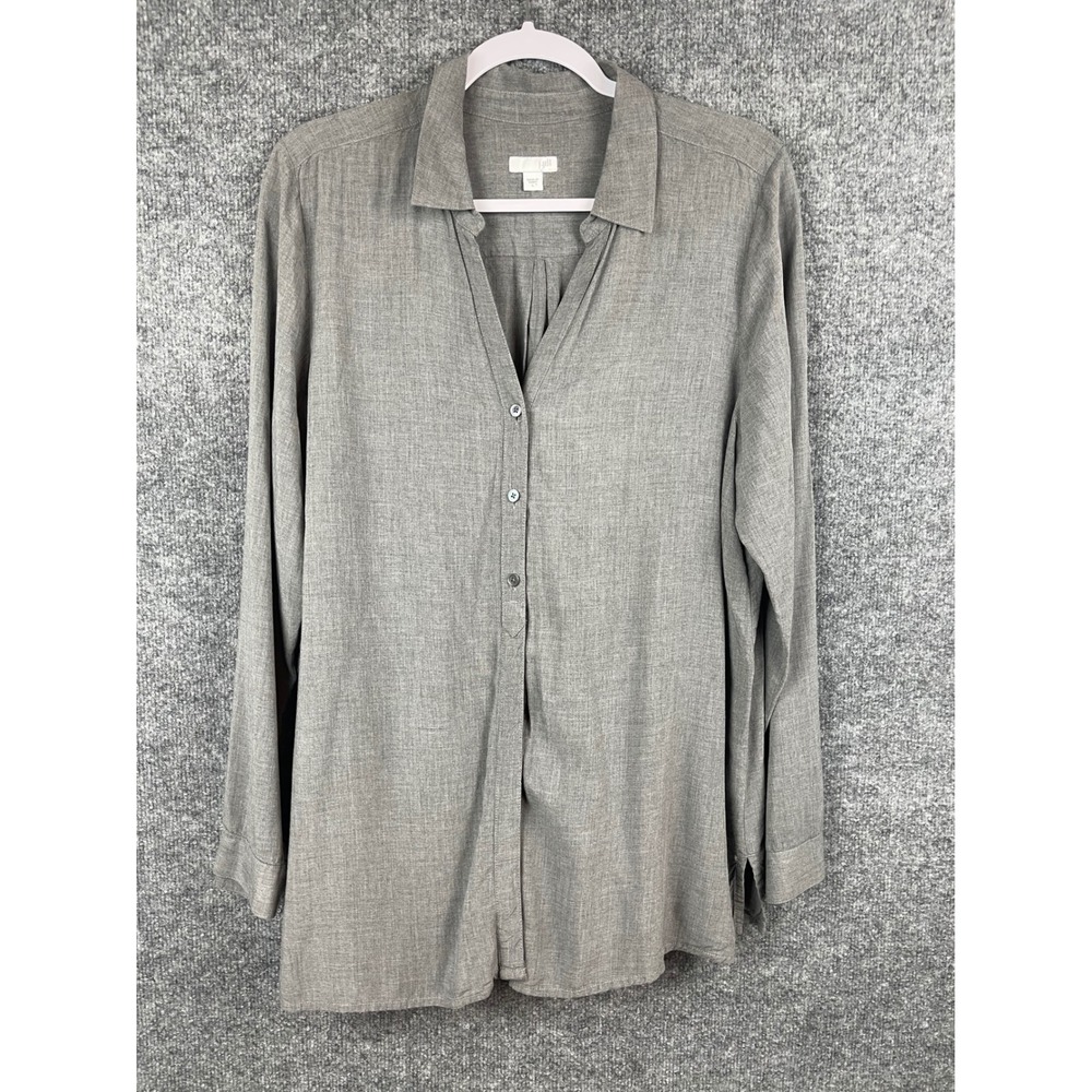 J. Jill Button Down Tunic Women Large Grey Excellent Long Sleeve Blouse Pleated